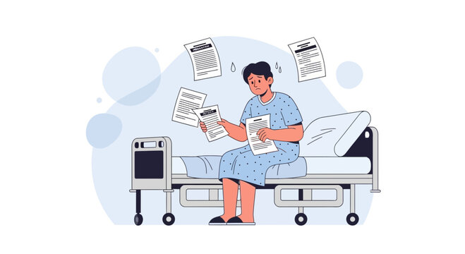 Tired patient overwhelmed by medical bills and paperwork