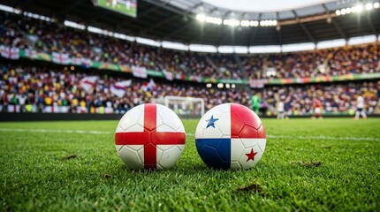 Naklejka premium Two soccer balls painted with the national flags of England and Panama side by side on a green stadium grass pitch line, blurred crowded stands background during an international football tournament.