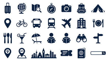 Travel and navigation icon set with transport and tourism symbols © Alan