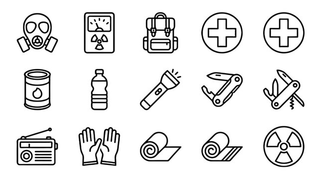 Nuclear survival kit line icons set with emergency supplies