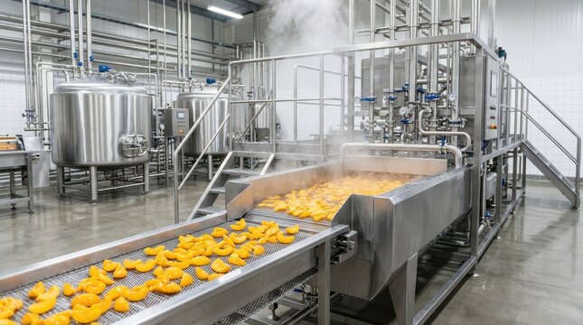 Industrial food processing line with peaches on a conveyor belt