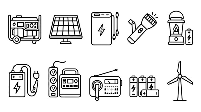 Blackout emergency power devices line icon set