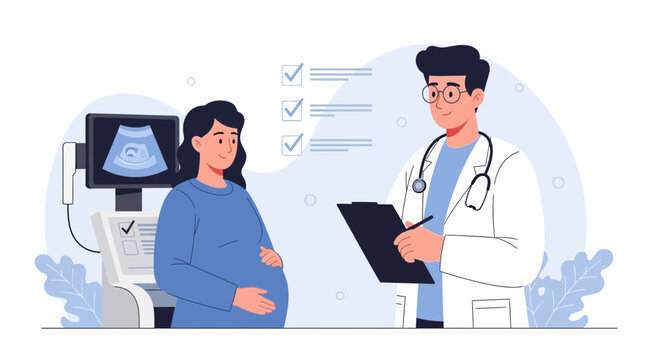Pregnant woman with sonogram and doctor consultation