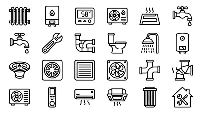 Heating plumbing ventilation and air conditioning line icons