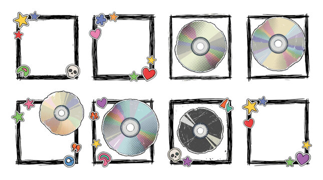 Scratchy square frame set with discs and colorful doodle stickers