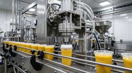 Fototapeta premium Automated production line filling and sealing plastic cups with juice