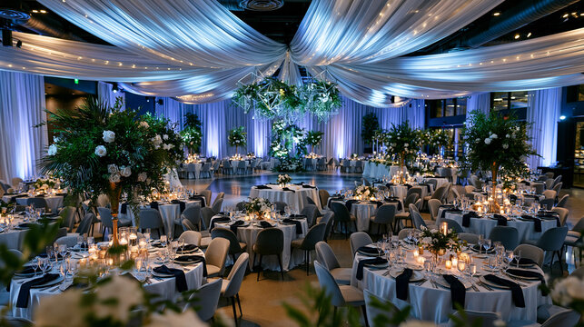 Overhead wide view of completed wedding reception venue with circular tables fully set, geometric floral arch visible above dance floor, soft uplighting on draped ceiling and empty polished floor an