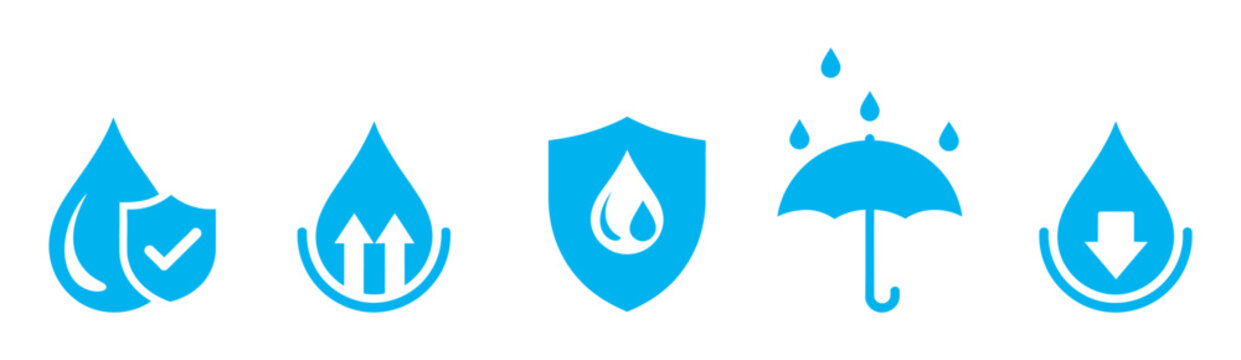 Waterproof icons set, water resistance symbols, product protection concepts, durability design elements, splash proof vector illustration collection