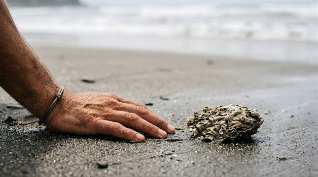Human hand reaching out to touch a textured oyster shell on a sandy beach