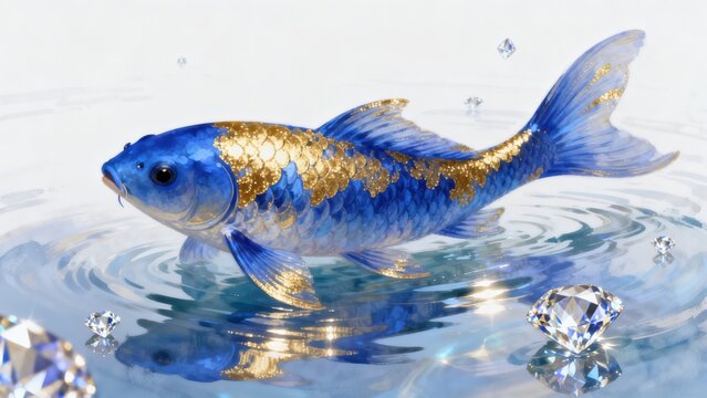 Blue and gold fish in water with diamonds