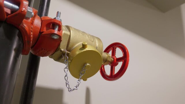 Brass fire standpipe valve with red wheel handle on indoor pipe