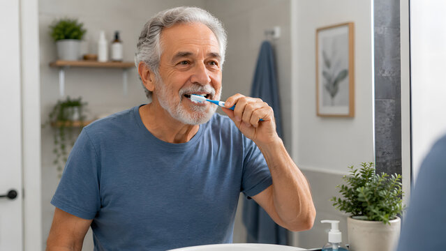 Senior man brushing teeth in bathroom morning routine