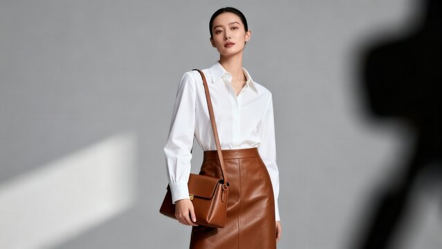Woman in white shirt and brown leather skirt