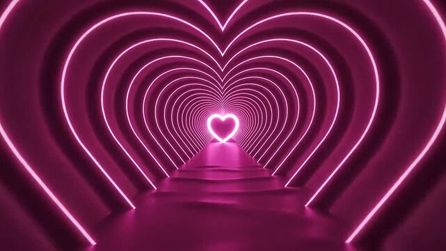 A glowing pink neon heart tunnel creates a beautiful and infinite visual perspective