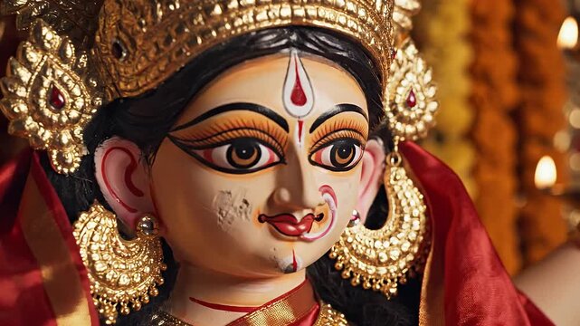 Intricate Eye Painting and Golden Ornaments of Goddess Durga Idol during Shukla Ashtami Festival Celebration, Traditional Hindu Chokkhu Daan Ritual