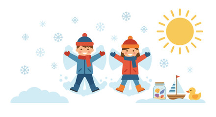 Naklejka premium Two children wearing warm winter clothes joyfully make snow angels in a wintry landscape under a bright sun, surrounded by summer toys.