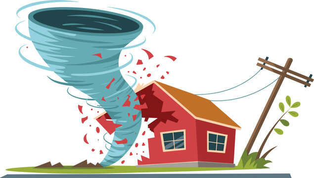 Tornado destroying house illustration, natural disaster storm damage scene, vector isolated background
