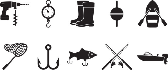 Fishing and ice fishing equipment black silhouette vector icon set © Open Expression