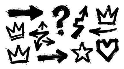 Obraz na płótnie Canvas Black brush graffiti symbols set with arrows crowns and icons