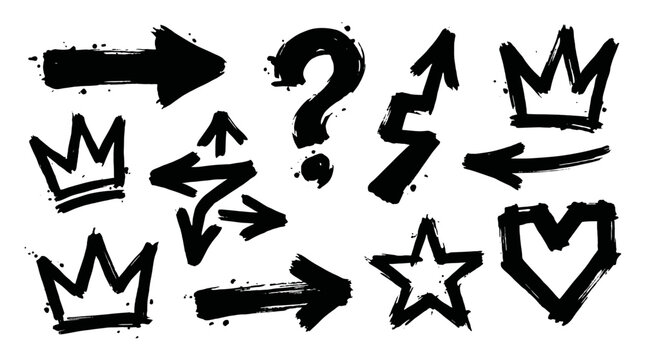 Black brush graffiti symbols set with arrows crowns and icons