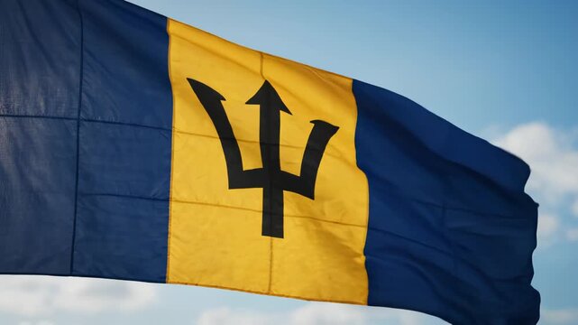 Barbados flag waving in sky