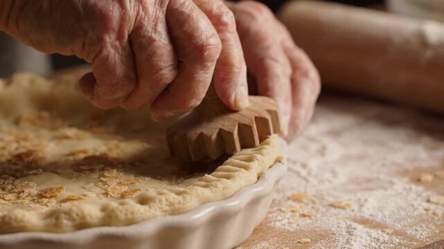 Closeup of an elderly persons hands using a wooden crimper tool to decorate the edges of a raw pie crust in a ceramic dish