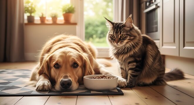 Golden Retriever and Tabby Cat Eating Together at Home.
