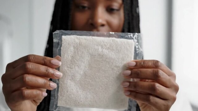 Closeup of a womans hands holding a sealed transparent packet containing a white cosmetic or skincare sheet mask