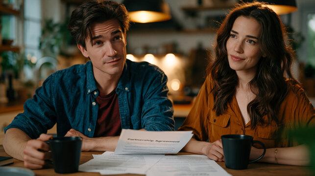 Couple co-founding startup reviewing equity split agreement at kitchen table late evening, partnership agreement documents spread between coffee mugs, co-founder relationship navigating both profess