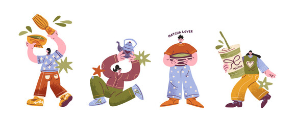 Fototapeta premium People enjoying different beverages flat illustration set with beverage character lifestyle illustration enjoyment refreshing activity colorful collection standing accessory clothing