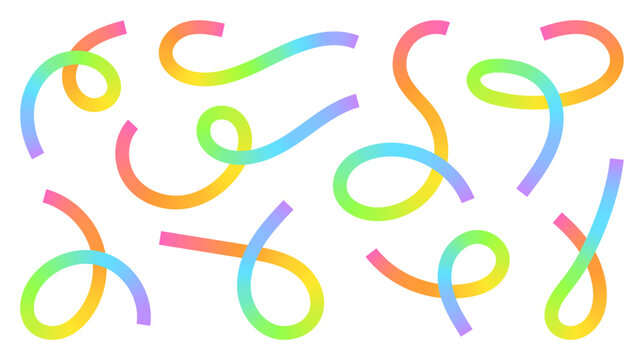 Abstract Gradient Line Shapes. Colourful Wavy Ribbon Background Design Elements. Rainbow Gradient Squiggly Lines Vector Illustration Set.