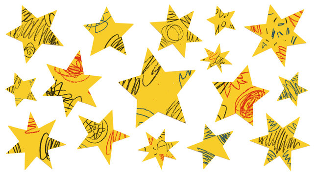 Irregular yellow star cutouts with hand drawn scribble patterns