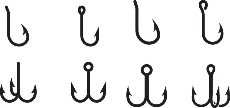 Various types of fishing hook black silhouette vector set