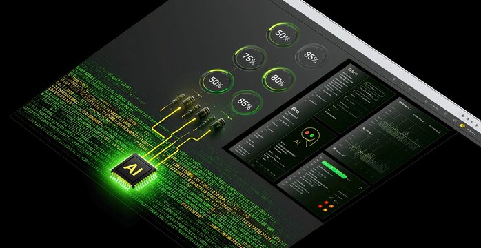 Bildschirm zeigt KI-Verarbeitung mit gr&uuml;nem und gelbem Bin&auml;rcode, Diagrammen und Statusanzeigen