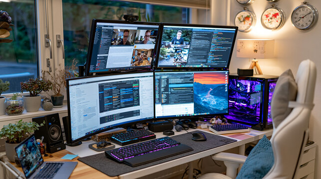Remote-first startup team visible through multiple monitor screens in home office setup, asynchronous collaboration tools open, founder managing distributed workforce across time zones, global hirin