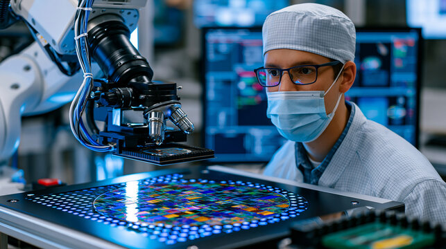 Semiconductor wafer inspection station with robotic arm scanning circular substrate under ultraviolet light array inside cleanroom, process automation in microelectronics manufacturing facility show