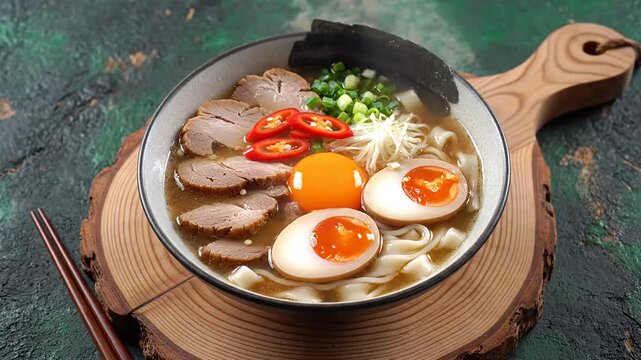 Steaming Japanese ramen with chashu pork and soft boiled egg