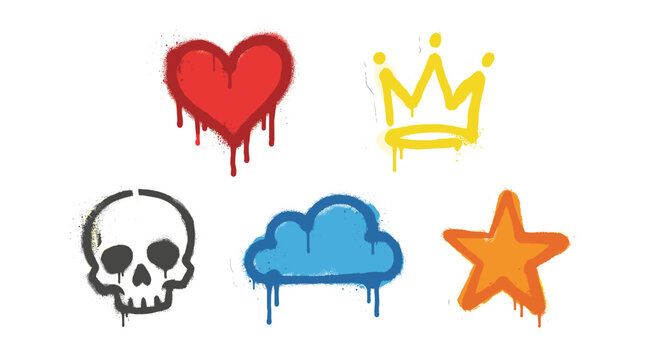 Graffiti style sticker set with dripping symbols and spray paint