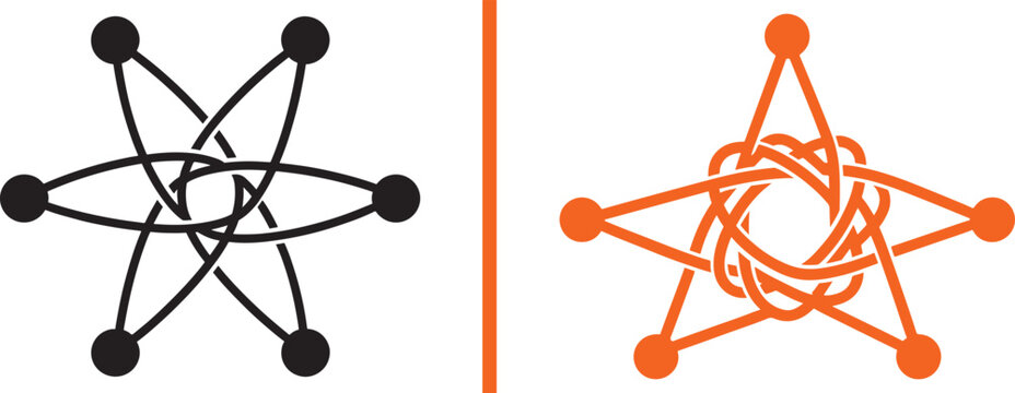 Abstract star and atom vector icons with interwoven loops and circular nodes for technology and science logo design