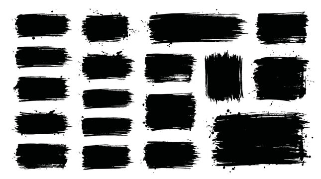 Set of black brush stroke rectangles with rough paint texture