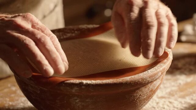 Closeup of a bakers hands lifting a silicone mat off a bowl of proofing dough in a rustic kitchen