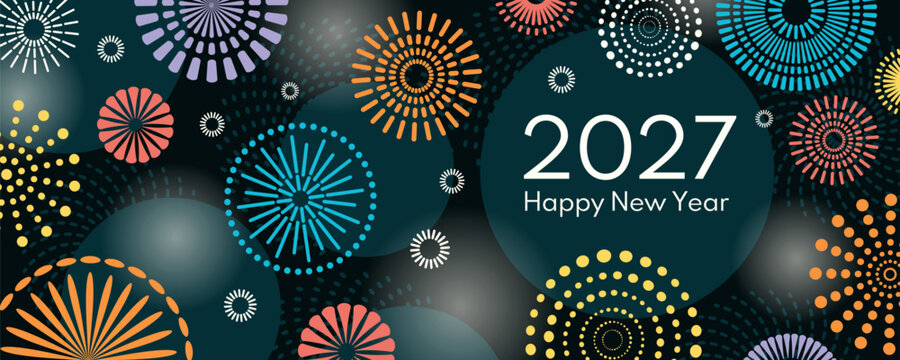 Colorful fireworks 2027 Happy New Year, bright on dark background, with copy space. Flat vector illustration. Abstract geometric design. Exploding pyrotechnics, celebration, party, holiday banner