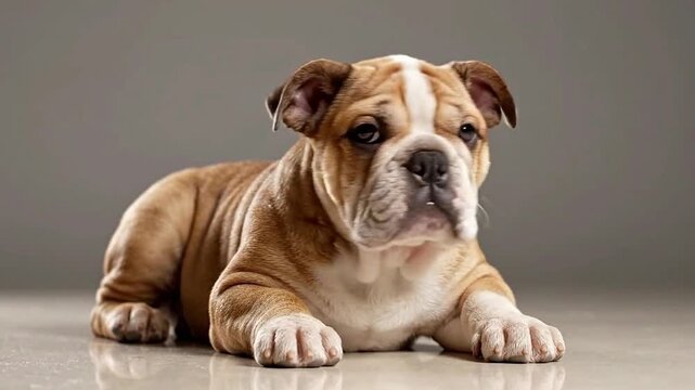 Adorable English Bulldog puppy with a distinguished, yet sweet expression, looking directly at the viewer, lying down on a smooth, reflective surface with a neutral grey background