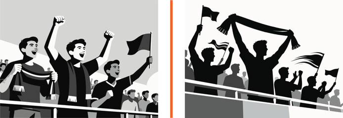Vector illustration of sports fans cheering in stadium stands with flags and scarves for victory celebration © reza