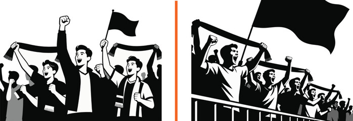 Fototapeta premium Vector illustration of cheering sports fans holding flags and scarves at a stadium match celebration