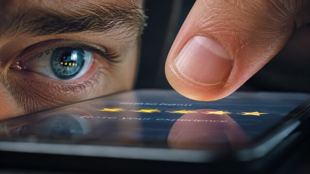 Finger touching smartphone screen to submit five star rating.