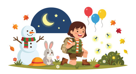 Fototapeta premium A happy young girl in hiking gear explores a whimsical scene featuring a snowman, a rabbit, autumn leaves, and floating balloons at night.