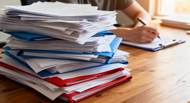 Paperwork overload A person meticulously works through stacks of documents and files at their desk