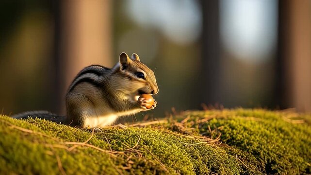 Chipmunk eating nut in forest sunlight