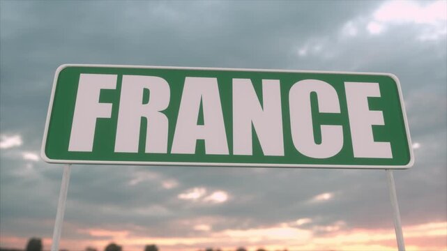 Green France Travel Sign With Cinematic Evening Sky Background